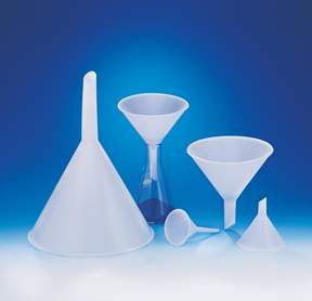 Polypropylene Funnels with Short Stems and External Ridges, Stem diameter: 19mm; Top diameter: 150mm