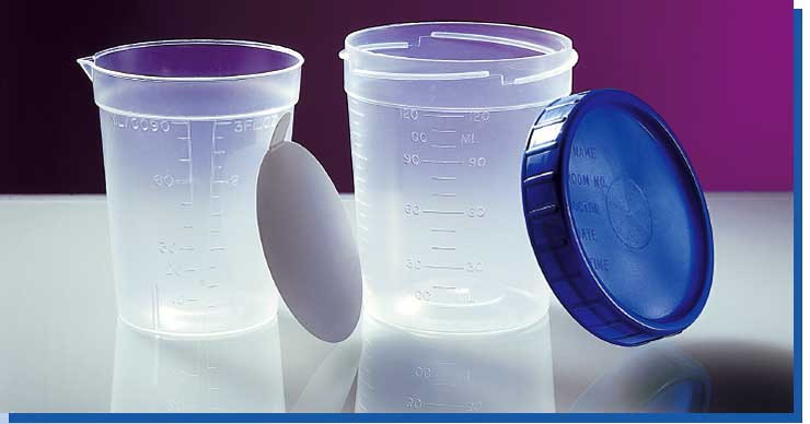 4 1/2 oz. cup with seperate screw cap, bulk pack, non-sterile.