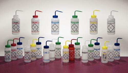  Safety Wash Bottles, Low-Density Polyethylene, Wide Mouth, Distilled Water